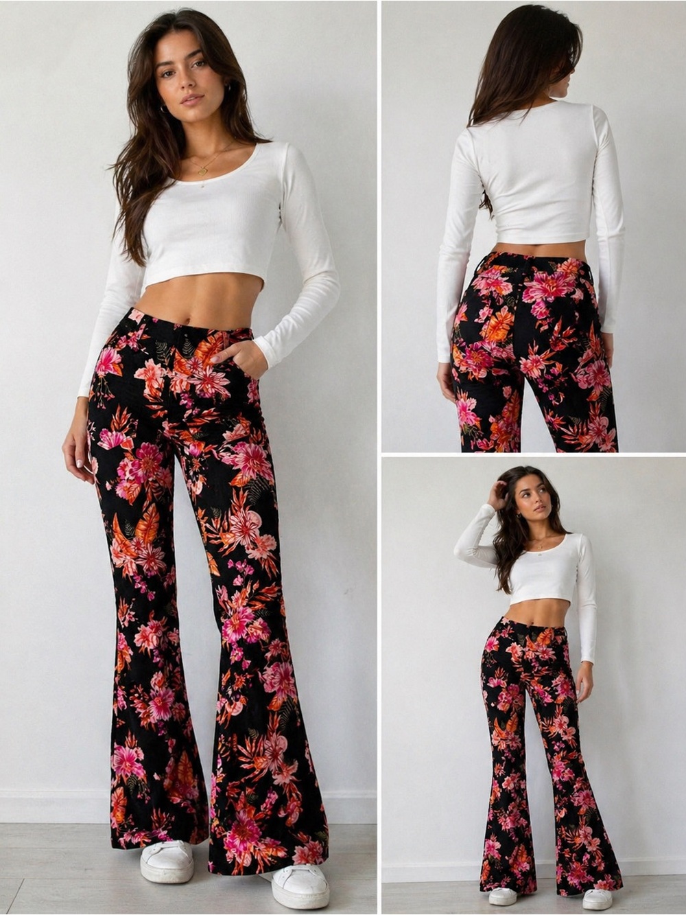 No Boundaries Black Floral Print Pants with Pink & Orange Blooms